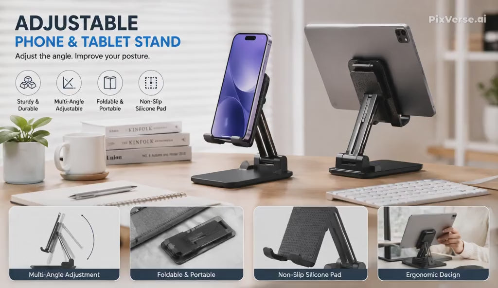 Adjustable Phone & Tablet Stand – Foldable Desktop Holder